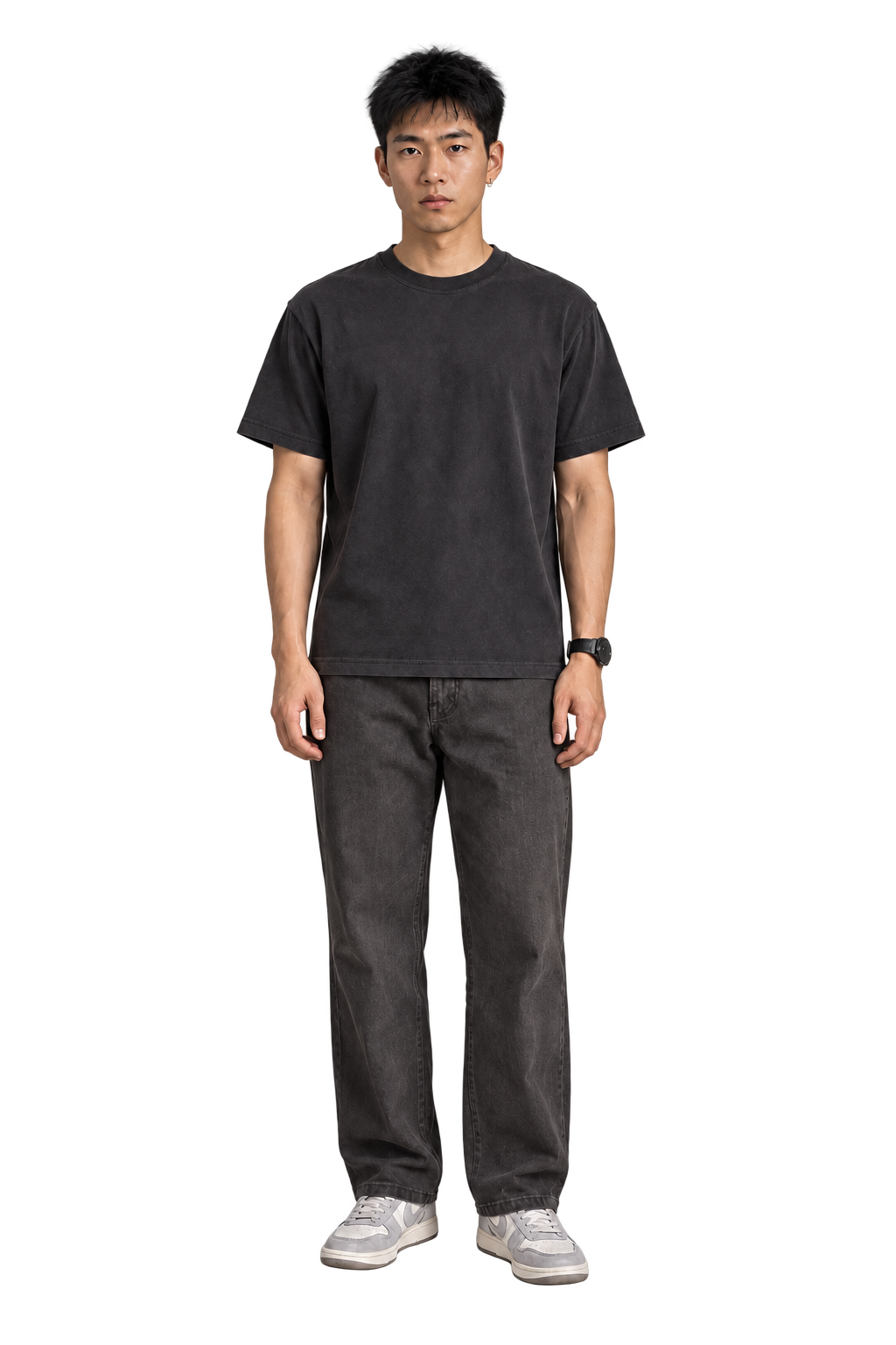 KAI, front view, wearing a charcoal T-shirt, dark jeans and grey sneakers