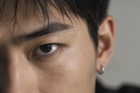 Extreme close-up of KAI’s eye, eyebrow and skin texture in a wide composition