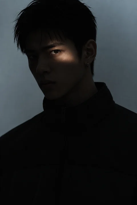 Dark portrait of KAI with a narrow beam of light across his eye