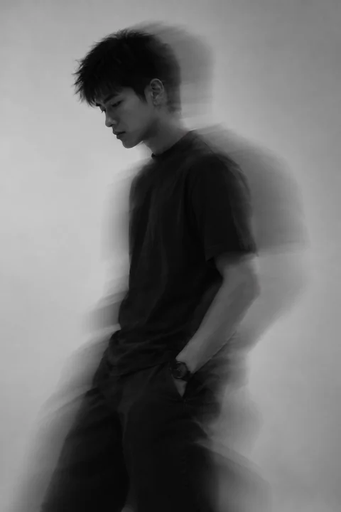 Black-and-white portrait of KAI surrounded by motion-blur trails