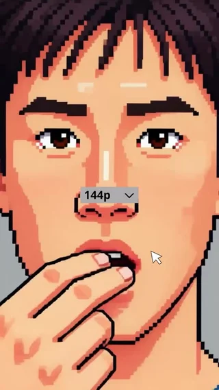 Kai eating, shifting from pixel art to a photographic portrait