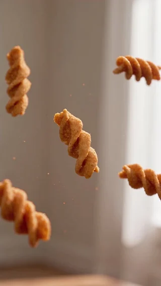 Spiral snacks floating in soft window light