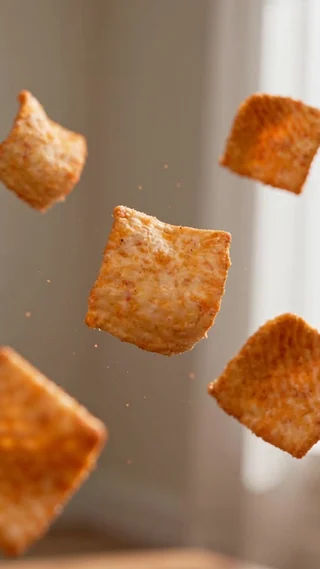 Tomato-flavoured crackers floating in warm light