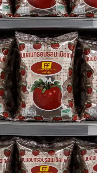 Tomato snack packaging on a shop shelf
