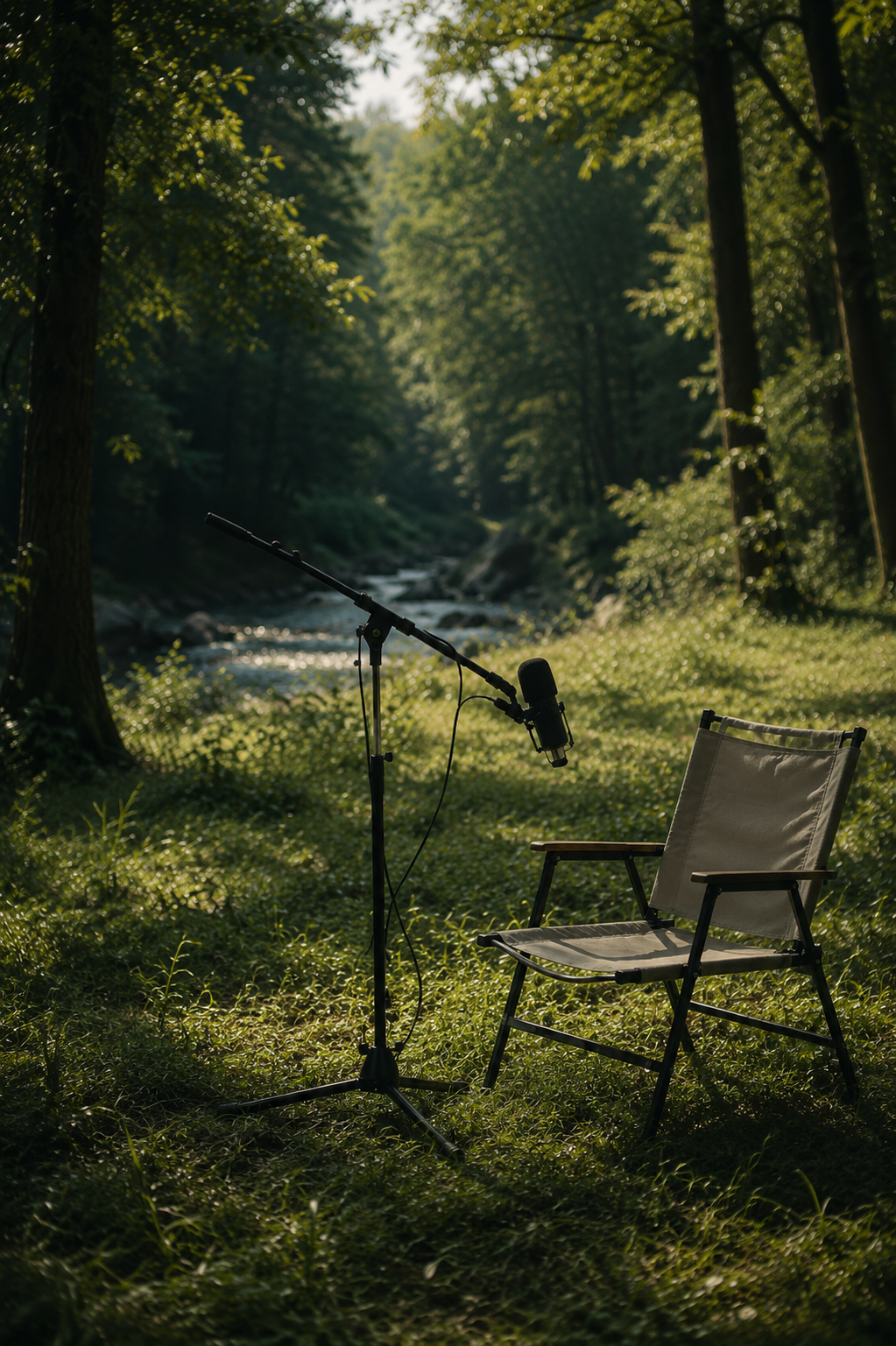 Portable podcast recording setup in a natural outdoor environment