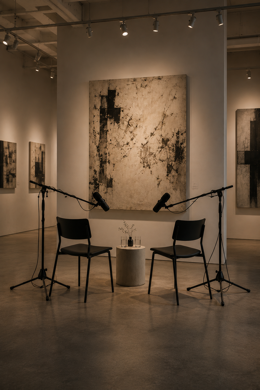 Minimal gallery interior with two chairs and two microphones
