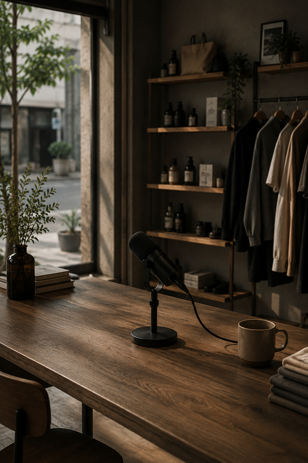 Warm boutique storefront with a podcast microphone inside
