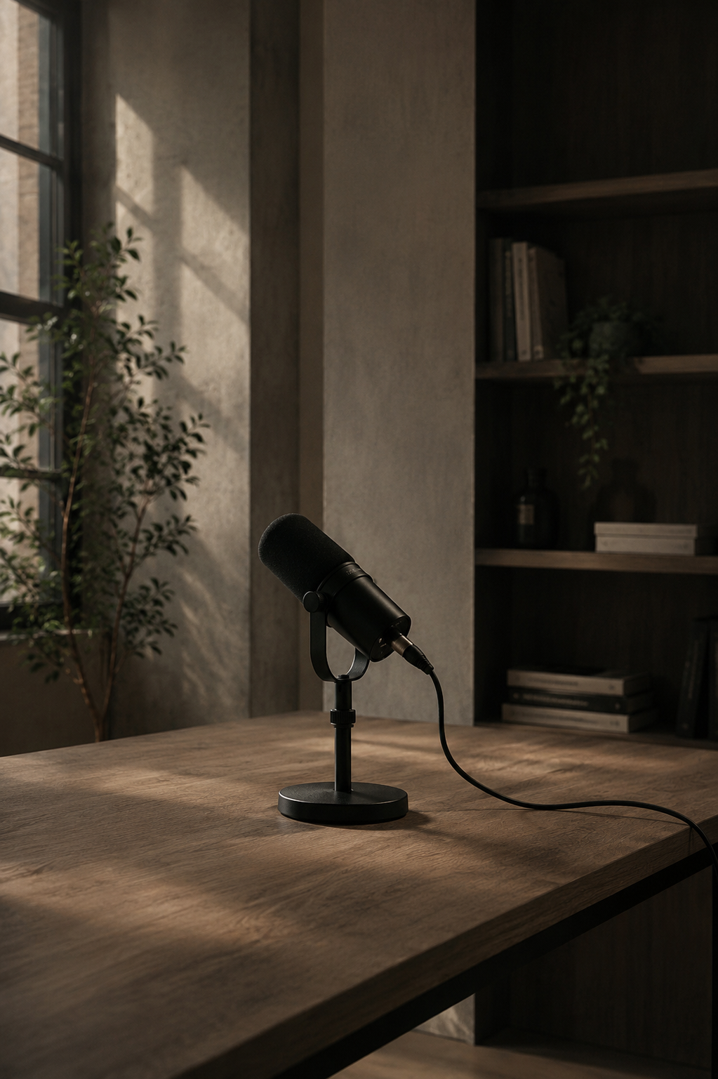 Dark recording studio with one professional podcast microphone