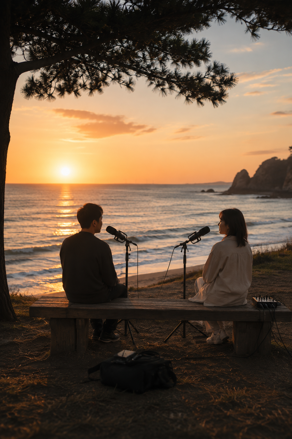 Two people recording a quiet conversation by the sea at sunset